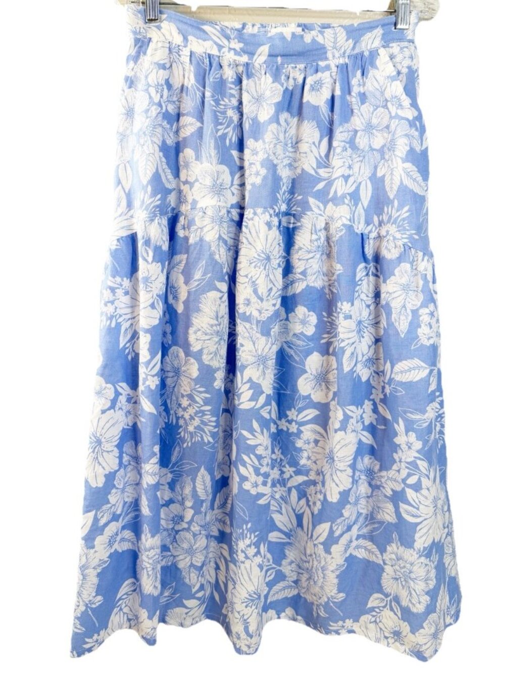 C&C California Medium (Actual30x32.5)100% Linen Boho Skirt Blue White Floral EUC